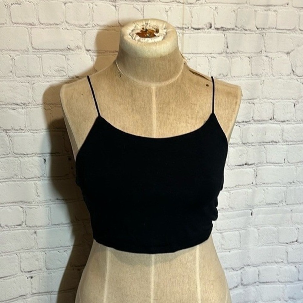 Black Spaghetti Strap Crop Top Cami Rayon Spandex Stretch Minimalist Size S